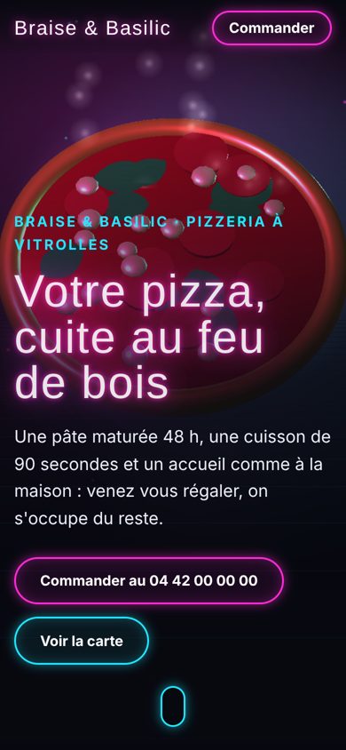 Site 3D d'une pizzeria, style Néon nuit